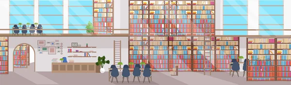 Biblioteca moderna interior vacío ninguna gente librería con estanterías recepción mesa redonda y sillas banner horizontal plano — Vector de stock