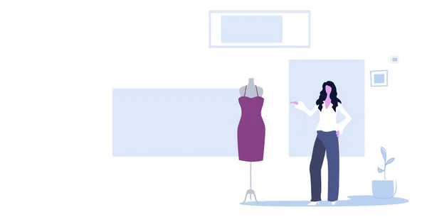Femme d'affaires choisissant une nouvelle robe dans le magasin de mode femme d'affaires visitant les vêtements féminins marché centre commercial boutique esquisse intérieure pleine longueur horizontale — Image vectorielle