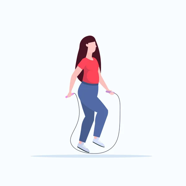 Fet fet kvinna gör övningar med hopprep övervikt flicka utbildning Workout viktminskning Concept platt full längd vit bakgrund vektor illustration — Stock vektor