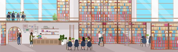 Mescolare le persone gara leggendo libri uomini donne in visita libreria con scaffali moderna biblioteca interno orizzontale banner orizzontale a tutta lunghezza — Vettoriale Stock