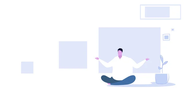 Толстяк сидя поза лотоса на полу ожирением над весом человек сохраняя спокойствие концепция йоги медитации эскиз на полную длину горизонтальный — стоковый вектор