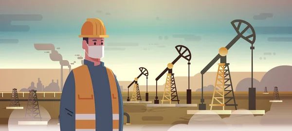 Αρσενικό μηχανικό διυλιστηρίων εργαζόμενος σε μάσκα που εργάζονται για την αντλία πετρελαίου κατασκευή ενέργειας βιομηχανική ζώνη γεώτρησης πετρελαίου ορυκτά καύσιμα παραγωγή φυσική ατμοσφαιρική ρύπανση έννοια επίπεδη οριζόντια πορτρέτο — Διανυσματικό Αρχείο