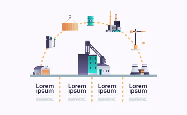 Factory Building icon infographic sjabloon plant met pijpen en schoorsteen elektriciteitscentrale extractie productie en transport olie industriële apparatuur Kopieer ruimte horizontaal plat — Stockvector