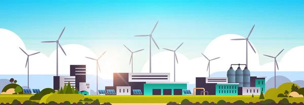 Szélturbina napelem alternatív energiaforrás gyár épület ipari üzem erőmű tiszta természet ökológia környezeti koncepció lapos vízszintes — Stock Vector