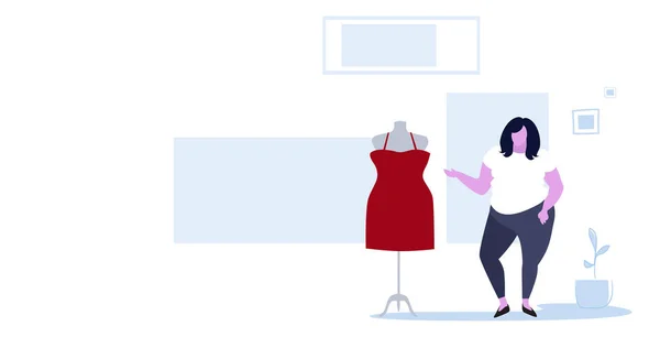 Kövér túlsúlyos nő választotta az új ruha a divatüzlet felett méretű lány meglátogatta női ruhák piaci bevásárlóközpont butik belső vázlatot teljes hosszában vízszintes — Stock Vector