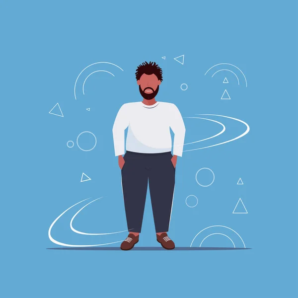 Gordo sobrepeso hombre de pie pose poco saludable concepto de estilo de vida chico obeso en ropa casual sobre tamaño personaje de dibujos animados masculinos longitud completa plana — Vector de stock