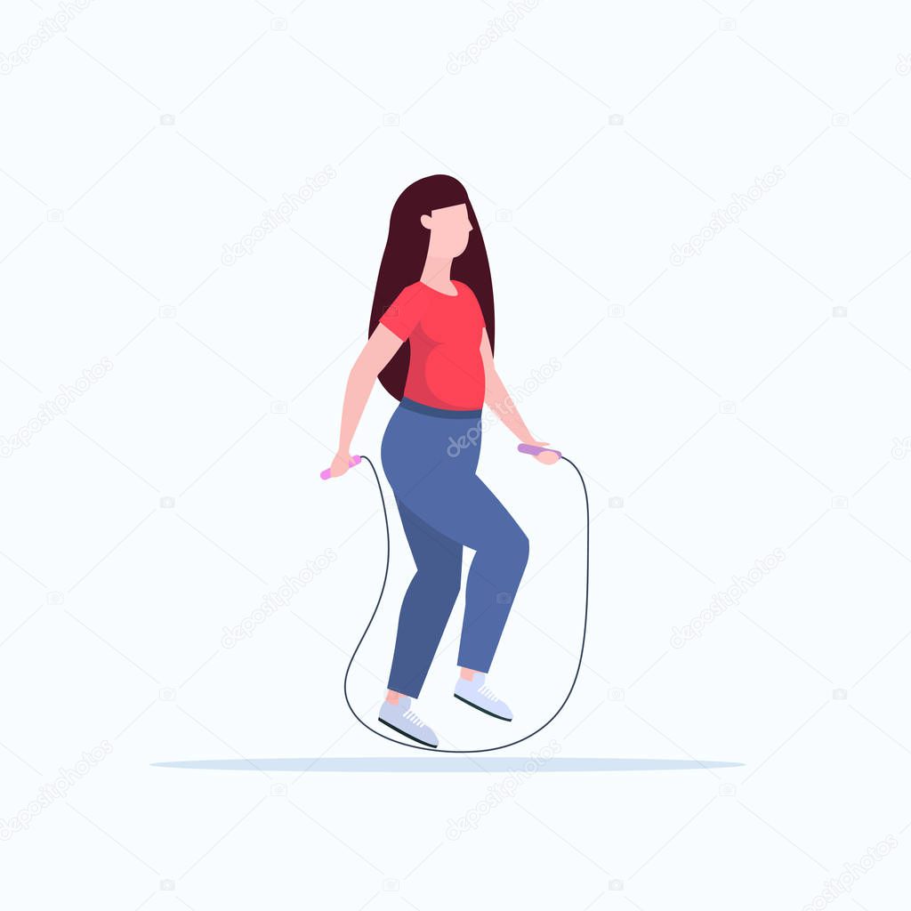 fat obese woman doing exercises with jumping rope overweight girl training workout weight loss concept flat full length white background vector illustration