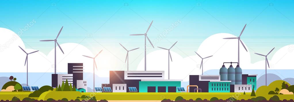wind turbine solar panel alternative energy source factory building industrial plant power station clean nature ecology environment concept flat horizontal