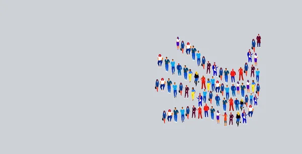 Gente de negocios se reúnen en forma de símbolo de palma de la mano concepto de comunidad de medios sociales gente de negocios grupo de pie juntos a lo largo horizontal — Vector de stock