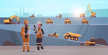 engineers using radio and tablet workers controlling professional equipment working on coal mine extraction industry mining transport concept opencast stone quarry background flat horizontal clipart
