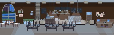 Modern kafe boş masa ve sandalyeler gece kahve salonu iç Bar kişi restoran salonu düz yatay afiş