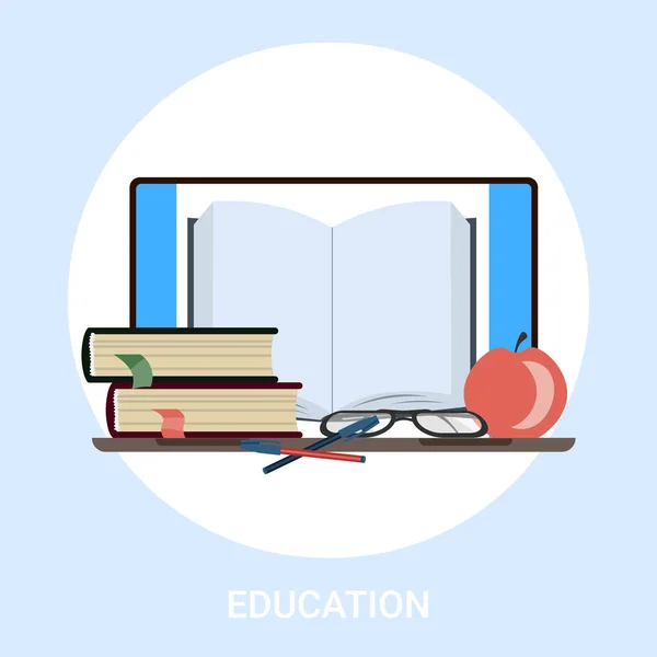 Ders kitabı ve Tablet PC bilgi eğitim e-öğrenme konsept edebiyat okuma Online Web Kütüphanesi düz — Stok Vektör