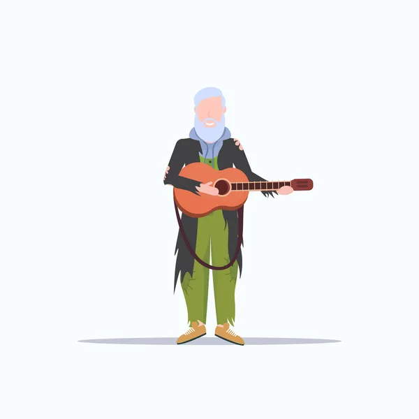 Vousatý muž, který hraje na kytaru tuláka prosit o pomoc bezdomovci koncept rovný plný dlouhý bílý pozadí — Stockový vektor