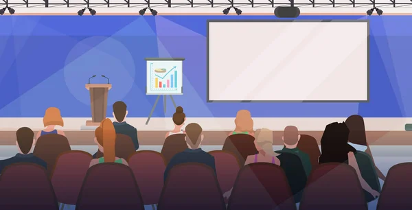 Empresários em reunião de negócios moderno salão de conferências com placa e flip chart bordo interior horizontal plana —  Vetores de Stock