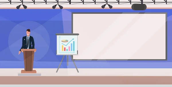 Homme d'affaires tribun discours homme d'affaires faisant une présentation financière sur la réunion de conférence avec tableau à feuilles mobiles salle de conférence moderne intérieur plat horizontal — Image vectorielle