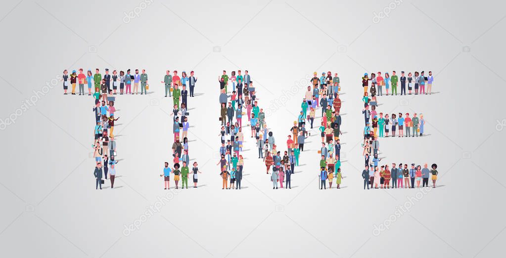 people crowd gathering in shape of time word different occupation employees mix race workers group standing together community concept flat horizontal