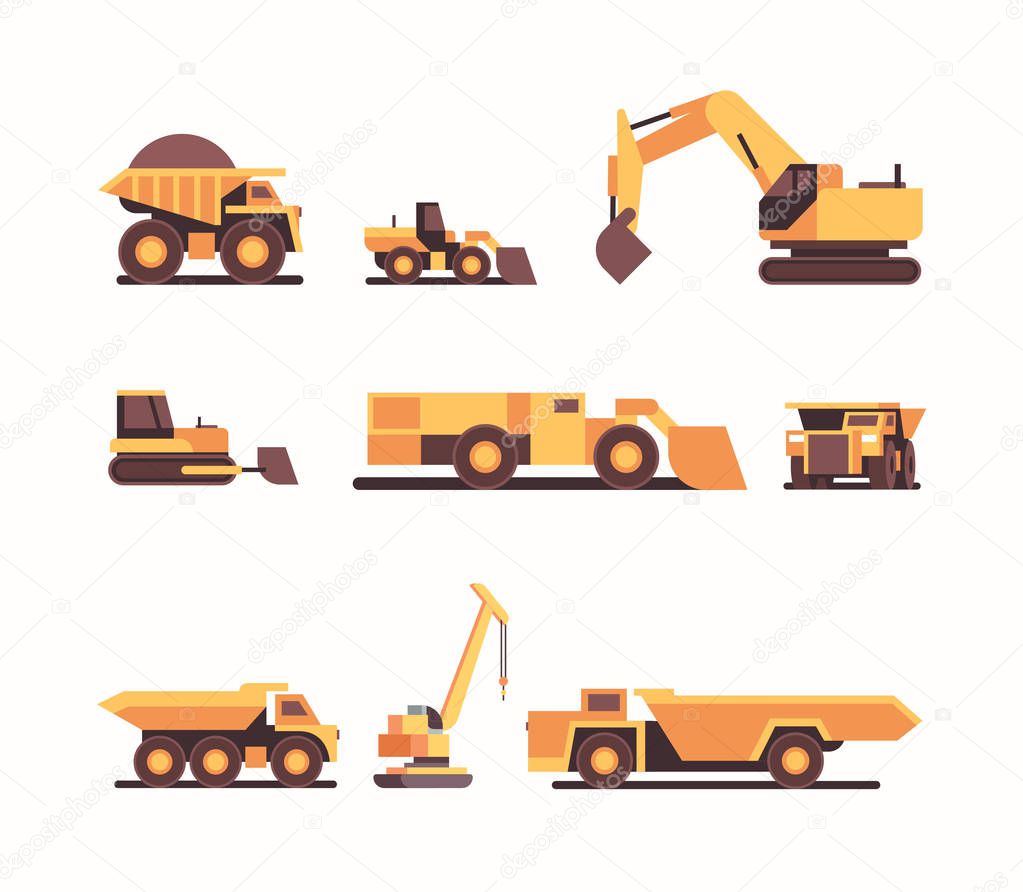 Set different heavy yellow industrial machines coal mine production professional equipment mining industry transport concept flat vector illustration