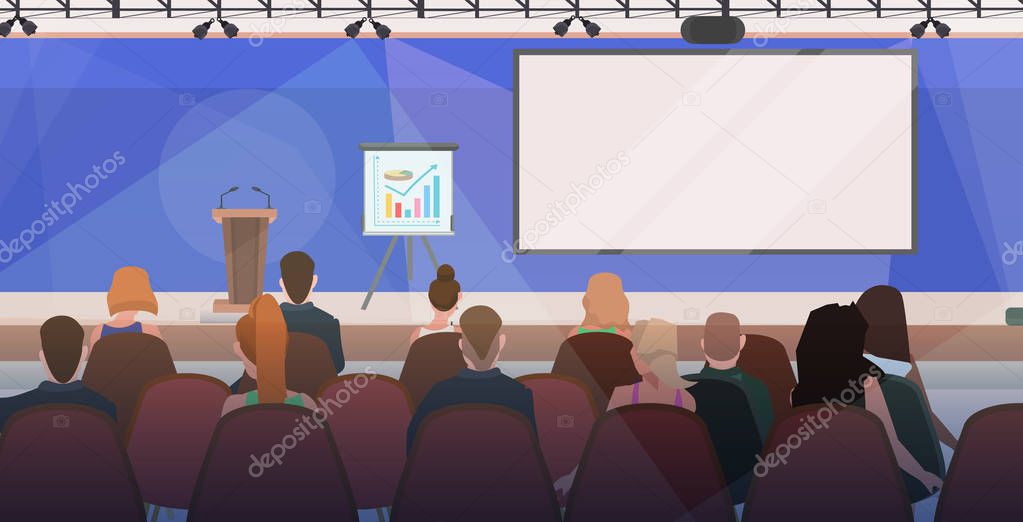 businesspeople at business meeting modern conference hall with board and flip chart boardroom interior horizontal flat