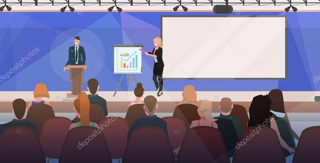 businesspeople couple tribune speech business people making financial presentation on conference meeting with flip chart modern boardroom interior flat horizontal