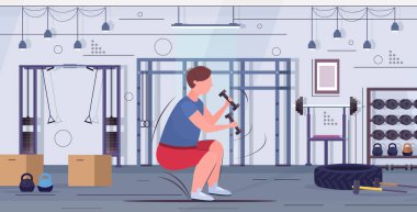 şişman obez adam dumbbells kilolu adam eğitim egzersiz kilo kaybı kavramı modern spor salonu iç düz tam uzunlukta yatay vektör illüstrasyon ile squats egzersizleri yapıyor