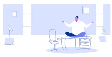 şişman işadamı oturan lotus işyeri masa kilolu iş adamı sakin yoga meditasyon kavramı modern ofis iç kroki doodle yatay tam uzunlukta tutmak poz