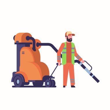 male street janitor using industrial vacuum cleaner man in uniform vacuuming garbage streets cleaning service concept full length flat white background clipart