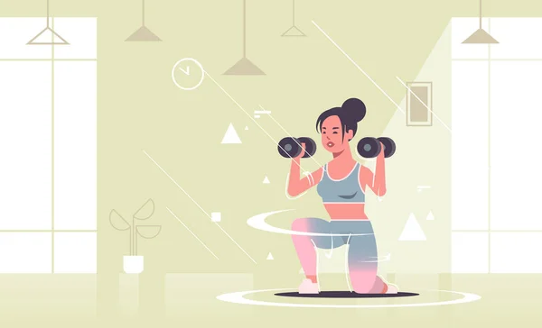 运动女孩做蹲下练习与哑铃妇女训练锻炼健康的生活方式概念兴奋运动女性在运动装现代健身房工作室内部平全长水平 — 图库矢量图片