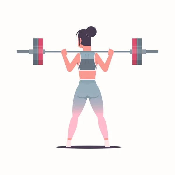 Pesas de levantamiento de chicas deportivas haciendo sentadillas con barbell atractiva mujer entrenamiento entrenamiento estilo de vida saludable fitness concept sportswoman en ropa deportiva vista trasera plana de fondo blanco de longitud completa — Vector de stock