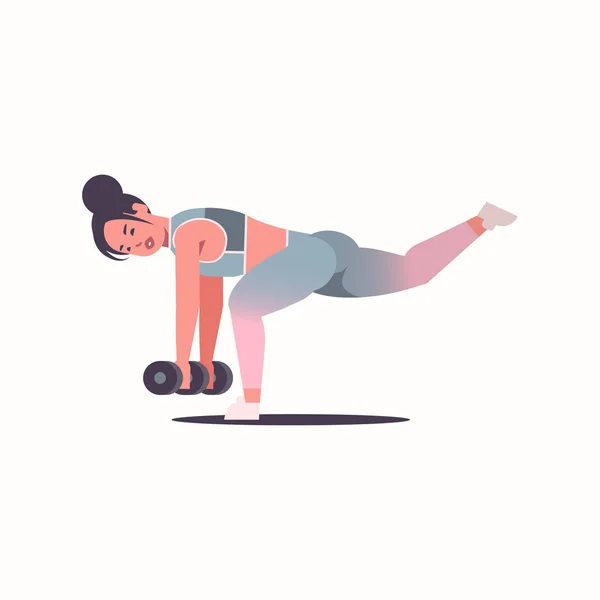 Sportieve meid doet Stretching oefeningen met dumbbells aantrekkelijke opgewonden Sportvrouw in Sportswear training training gezonde lifestyle fitness concept platte volledige lengte witte achtergrond — Stockvector