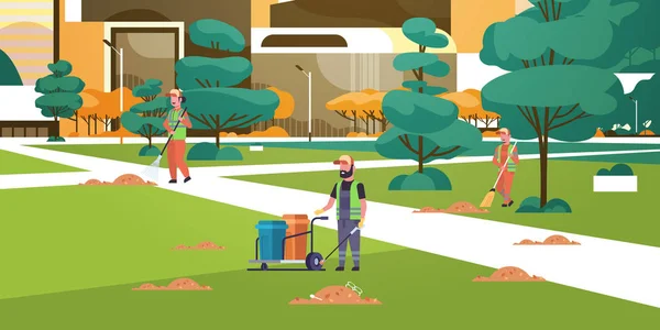 Équipe de concierges ramassage des ordures pour nettoyer les poubelles à l'aide de racks et balais concept de service mélanger les gens qui travaillent dans la ville du parc urbain fond paysage urbain pleine longueur horizontale — Image vectorielle