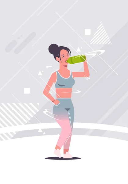 Sporty girl bodybuilder drinking fresh water or protein shake sportswoman in sportswear holding plastic bottle training workout healthy lifestyle fitness concept flat full length vertical — Stock Vector