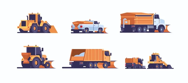 Set different snowplow winter vehicle equipment collection professional cleaning road by snowfall snow removal concept back view industrial transport flat horizontal — Stock Vector
