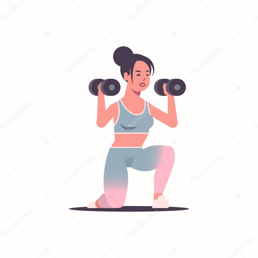 sporty girl doing squats exercises with dumbbells attractive woman training workout healthy lifestyle fitness concept excited sportswoman in sportswear flat full length white background
