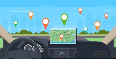 akıllı sürüş yardımı ile araç kokpit gösterge paneli ekran multimedya kavramı modern araba iç yatay otomobil bilgisayar gps navigasyon sistemi