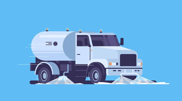 Balayeuse de rue moderne camion lave l'asphalte avec de l'eau véhicule industriel machine de nettoyage concept de service routier urbain fond bleu plat horizontal — Image vectorielle