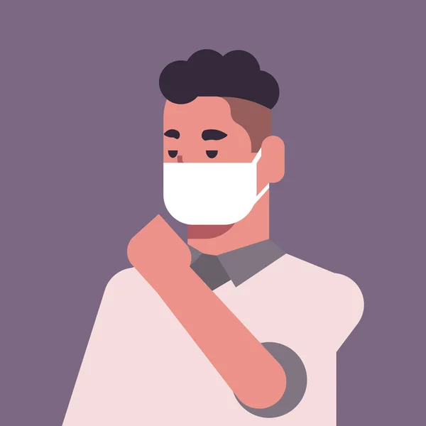 Man dragen gezichtsmasker milieu-industriële smog stof giftige luchtvervuiling en virusbescherming concept mannelijke cartoon karakter portret plat — Stockvector