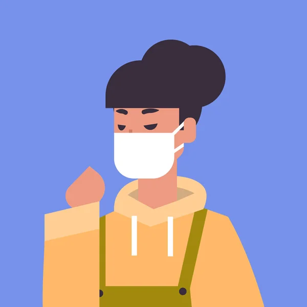 Donna che indossa maschera ambientale industriale smog polvere tossico inquinamento atmosferico e virus concetto di protezione femminile personaggio dei cartoni animati ritratto piatto — Vettoriale Stock