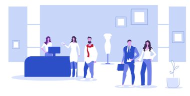 nakit masa tezgahı insanlar giysi büyük satış konsepti moda butik iç skeç yatay tam uzunlukta seçerek ayakta müşteriler