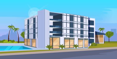 büyük panoramik pencereler ticari iş merkezi tasarımı cityscape arka plan düz yatay ile modern otel ofis binası dış