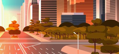 işaretleme oklar trafik işaretleri şehir silueti modern gökdelenler cityscape gün batımı arka plan düz yatay ile karayolu asfalt yol