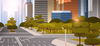 işaretleme oklar trafik işaretleri şehir silueti modern gökdelenler cityscape gün batımı arka plan düz yatay ile karayolu asfalt yol