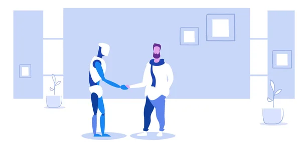 Man handshaking met robotische persoon futuristische kunstmatige intelligentie technologieovereenkomst concept Business Automation mens VS robot schudden hand kantoor interieur schets volledige lengte horizontaal — Stockvector