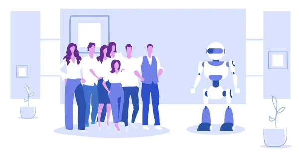 Grupo de empresarios de pie con robot concepto de inteligencia artificial gente de negocios en la reunión con humanoide moderna tecnología robótica bosquejo horizontal de longitud completa — Archivo Imágenes Vectoriales