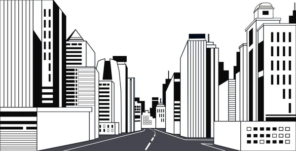 Estrada asfalto estrada cidade skyline edifícios modernos arranha-céus altos cityscape fundo linha horizontal —  Vetores de Stock