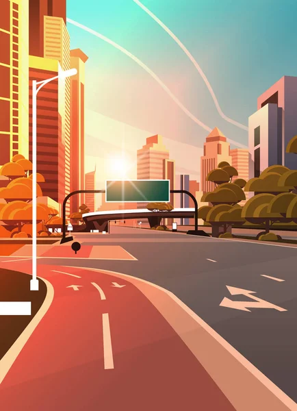 Route asphaltée avec vélo piste cyclable information bannière signalisation ville skyline gratte-ciel moderne paysage urbain coucher de soleil fond plat vertical — Image vectorielle