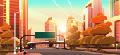 asfaltová silnice s informacemi nápis dopravní značení městský Panorama moderní mrakodrapy panoráma západ slunce pozadí plochý vodorovný