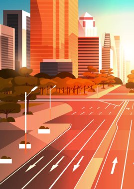 işaretleme oklar trafik işaretleri şehir silueti modern gökdelenler cityscape gün batımı arka plan düz dikey ile karayolu asfalt yol