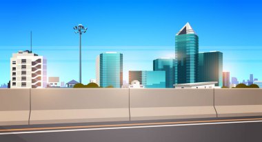 chipper şehir silueti modern gökdelenler cityscape arka plan düz yatay afiş ile karayolu asfalt yol