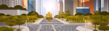 işaretleme oklar trafik işaretleri şehir silueti modern gökdelenler cityscape gündoğumu arka plan düz yatay ile karayolu asfalt yol