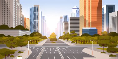 işaretleme oklar trafik işaretleri şehir silueti modern gökdelenler cityscape gündoğumu arka plan düz yatay ile karayolu asfalt yol